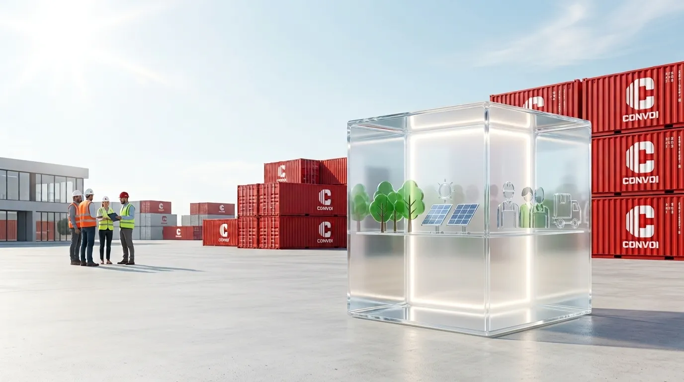 Arbeidere med hjelm på et containerdepot ved siden av en gjennomsiktig kube