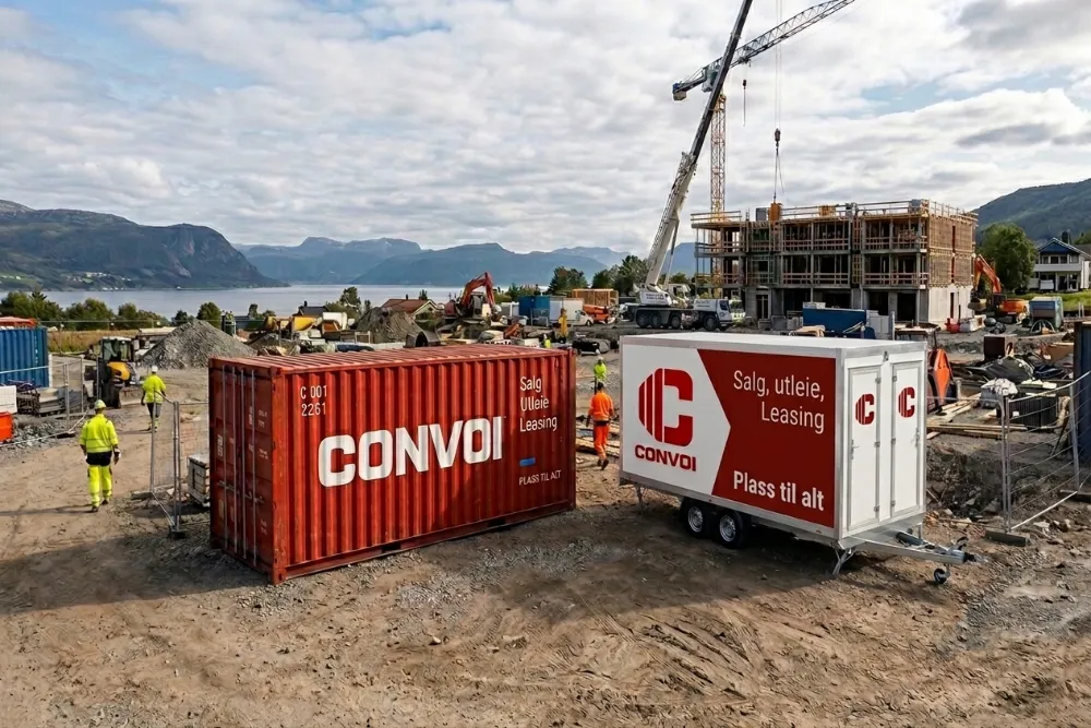 Rød Convoi-container og mannskapsvogn på en byggeplass ved fjorden