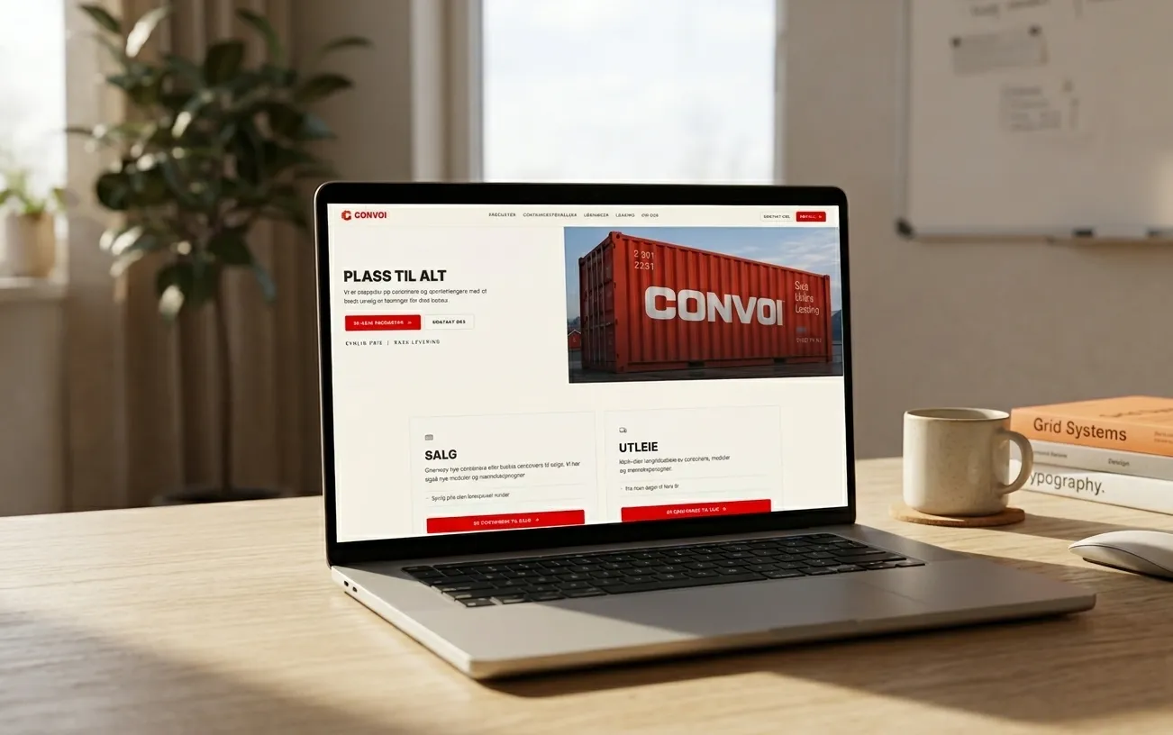 Laptop som viser Convois nye nettside med containere og synlige priser