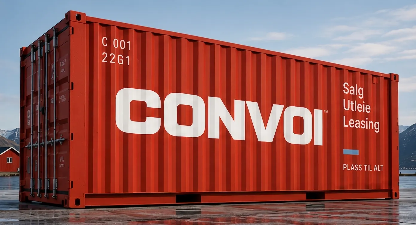 Rød 20 fots Convoi-container med teksten Salg, Utleie, Leasing på kaia ved fjorden